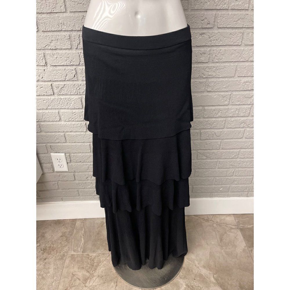 MISA Los Angeles Black Ribbed Layer Tiered Boho Maxi Skirt Size L
